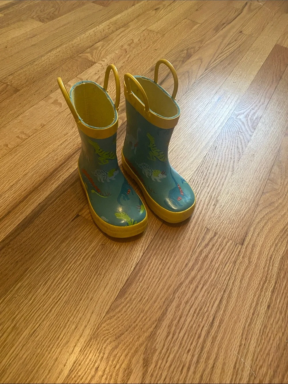 Kids Yellow-Trim Blue Dinosaur Rain Boots